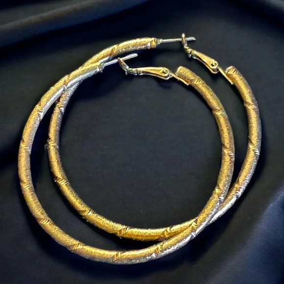 Large Etched Gold Tone Hoop Earrings 2" - Picture 2 of 2